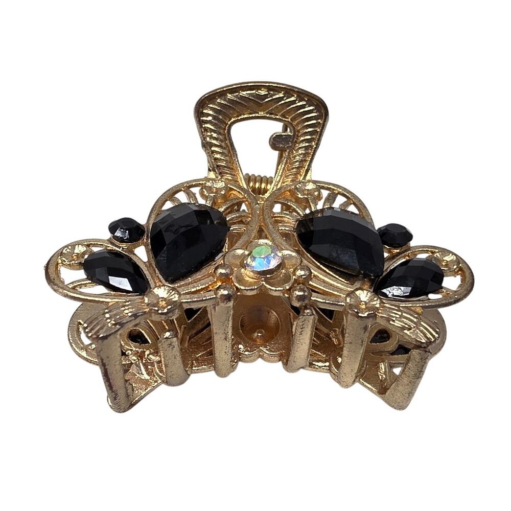 Vintage Y2K Gold Tone Hair Claw Clip Black Faceted Stones Petite Size